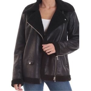 Avec Les Filles Black Faux Shearling Leather Biker Moto Jacket